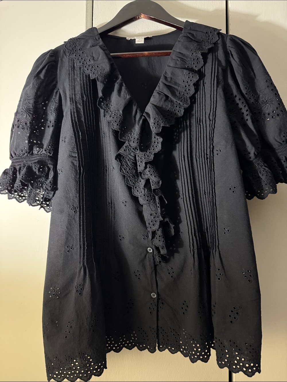Cato Black Eyelet Ruffle Pintuck Blouse